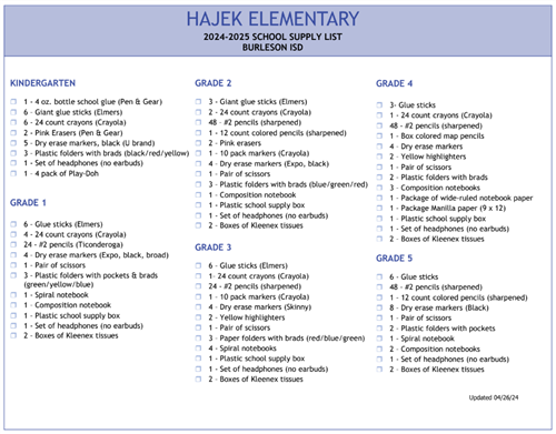 Photo of Hajek School Supply List